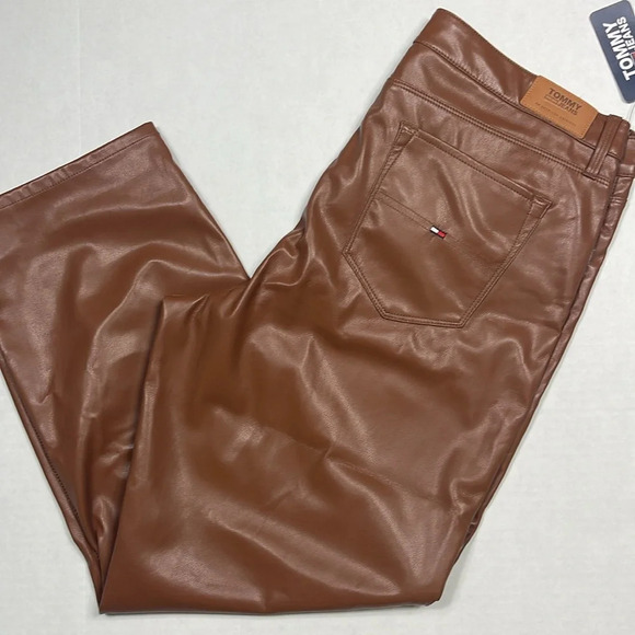 NWT Tommy Jeans Tommy Hilfiger Brown Faux Leather Dickinson Pants SZ 32 - Picture 3 of 9